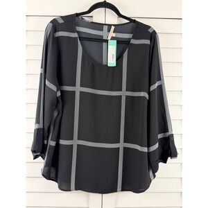 41 Hawthorn Bixby Scoop Neck Blouse Women XL Black Windowpane Plaid NEW